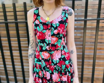 Vintage 80er Jahre Kleid Rosen Blumen Muster Retro Floral Print