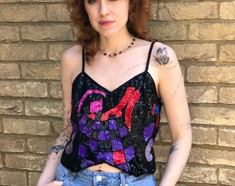 RARE 80s Sequin Checker Glitter Disco Frank Usher Beaded Funky Party Glam Strappy Retro Crop Top