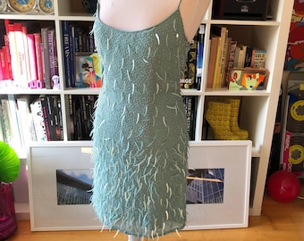 80s 90s Vintage Aqua Mint Blue Sequin Evening Party Prom Cocktail Slip Strappy Dress