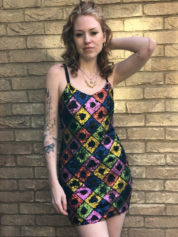 RARE 80s Vintage Rainbow Sequin Harlequin Bodycon… - image 5