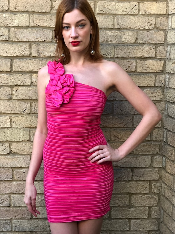 80s Bright Pink Bodycon Wiggle Cocktail Party Gla… - image 1