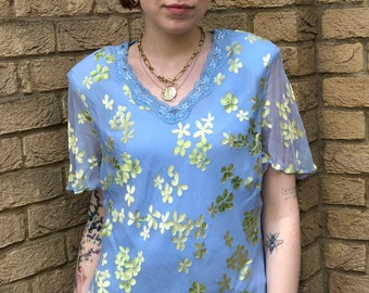 Y2K Pastel Blue Velvet Lace Ditsy Floral Jacques Vert Top 00s Retro