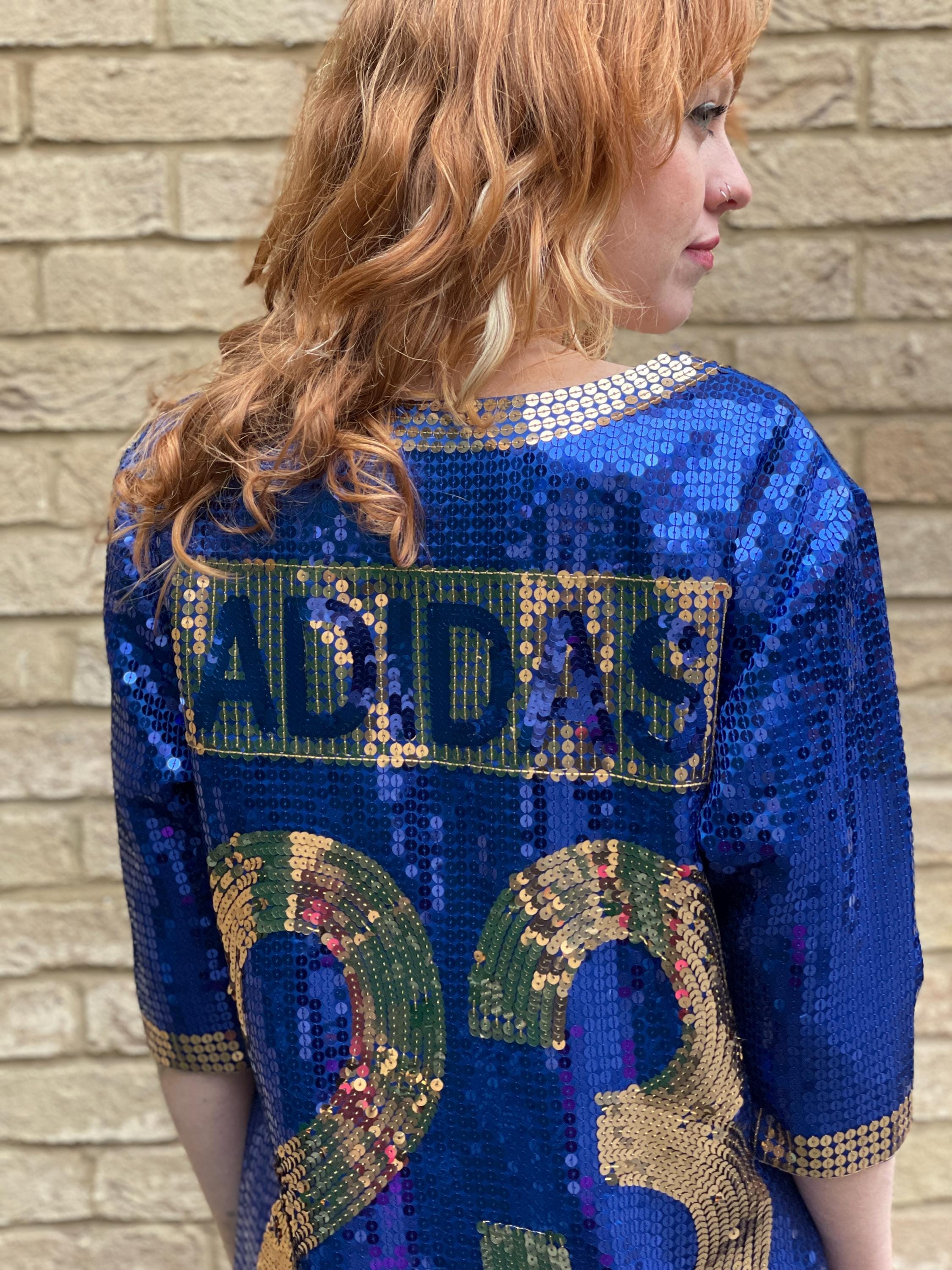 RARE Y2K Jeremy Scott Adidas Blue Sequin Sports Jersey Party Dress