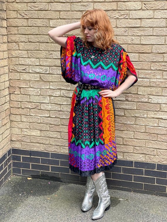 RARE 80s Vintage Bright Colourful Rainbow Abstract Pleated Midi Dress Etsy UK