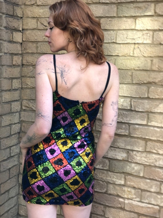 RARE 80s Vintage Rainbow Sequin Harlequin Bodycon… - image 9