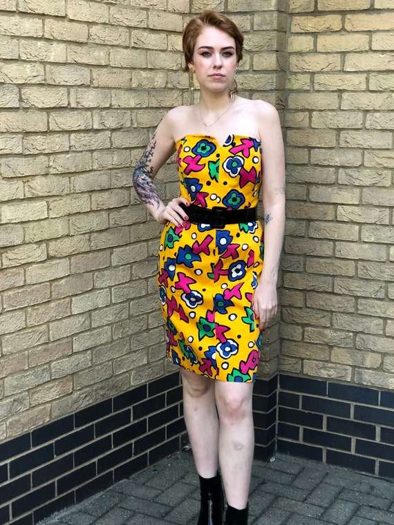 ESCADA- Yellow Floral Strapless 80s Bustier Wiggle
