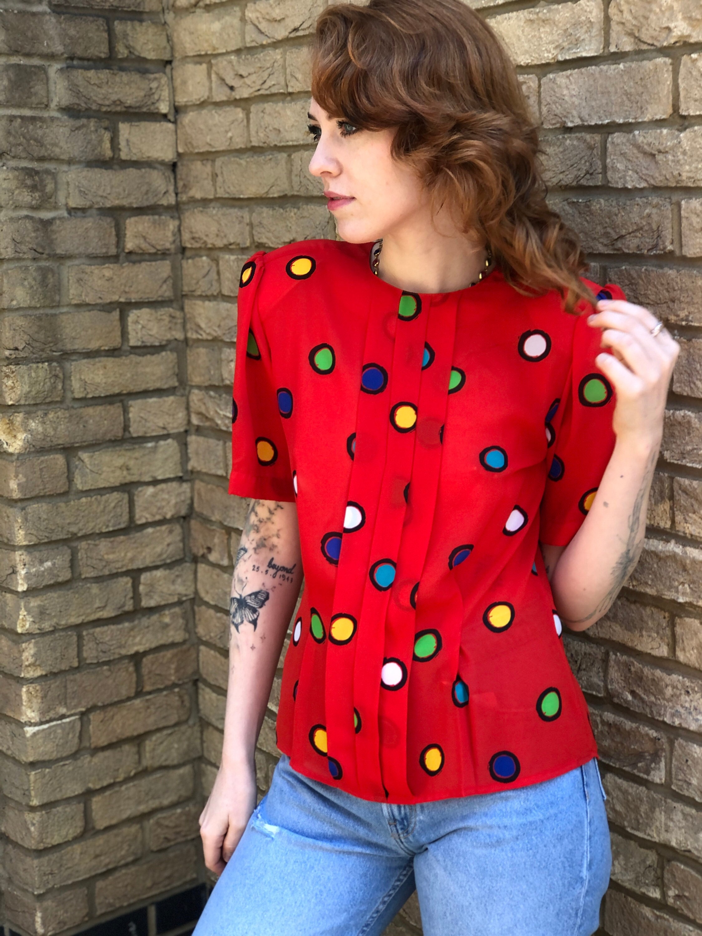 Vintage 80s Red and Rainbow Polka Dot Pleated Short Sleeve Blouse Top Shirt  Retro