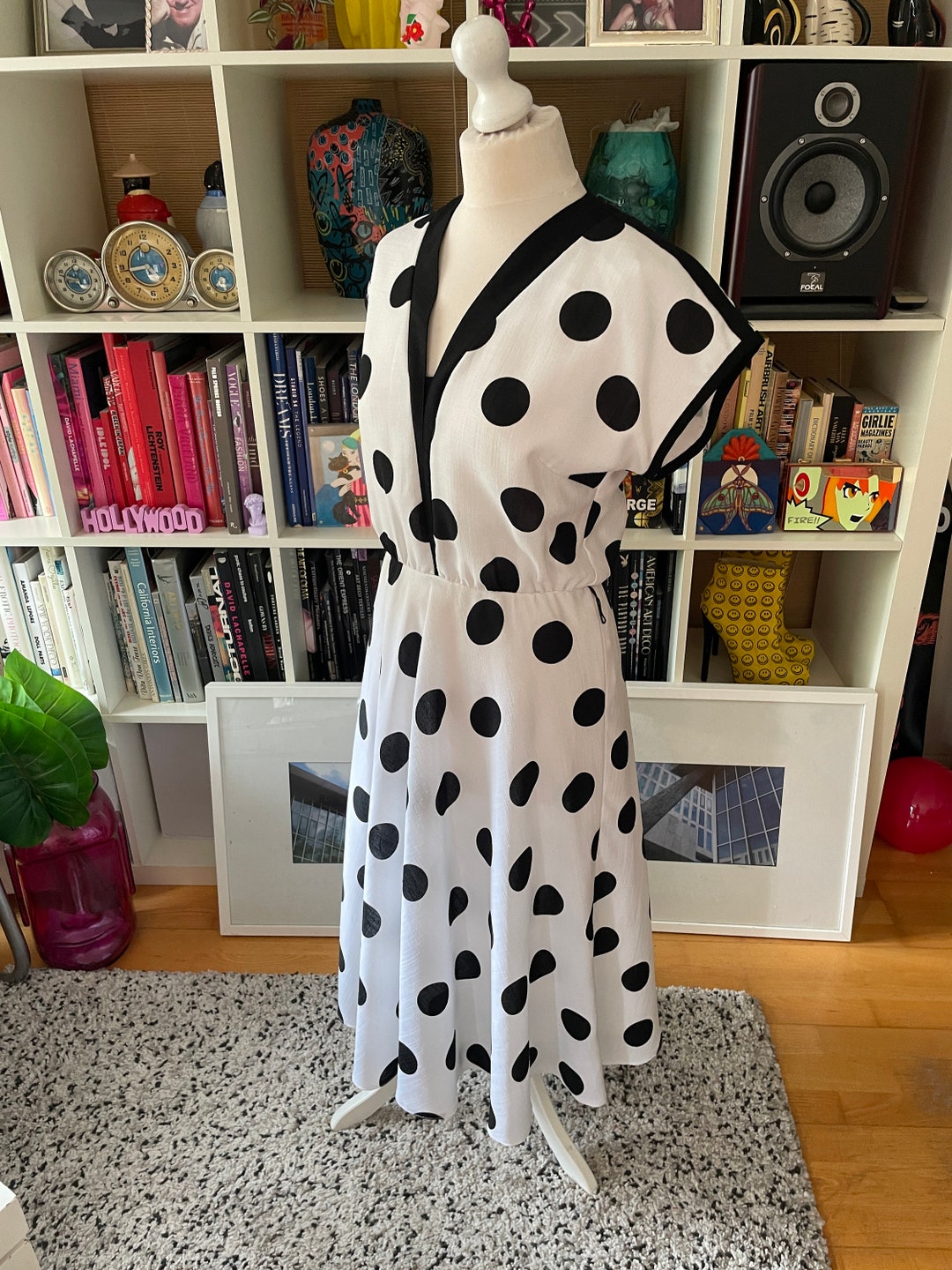 80's Black and White Polka Dot Ruffle Dress
