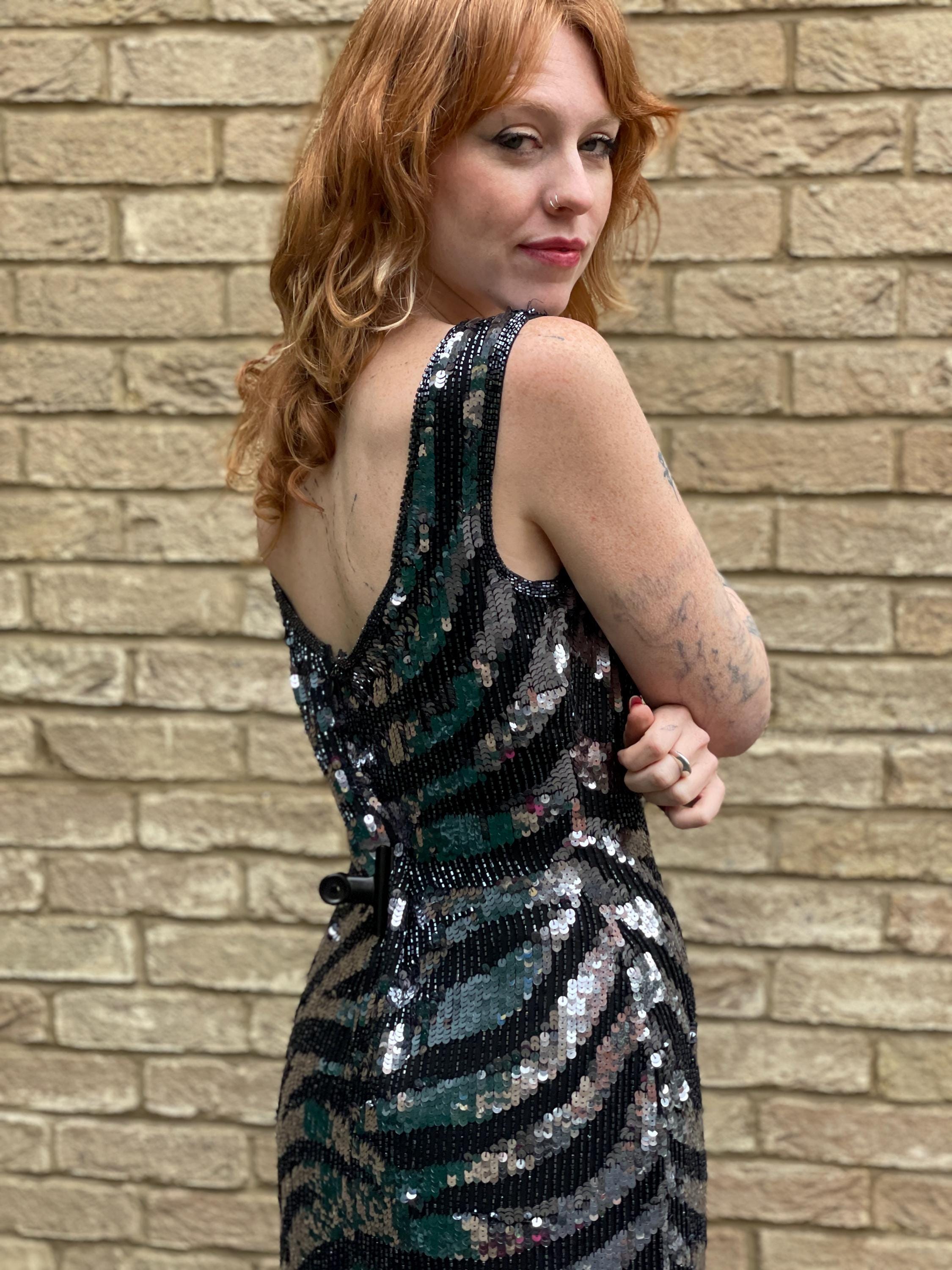 RARE 80s 90s Vintage Silver Black Zebra Animal Sequin Beaded