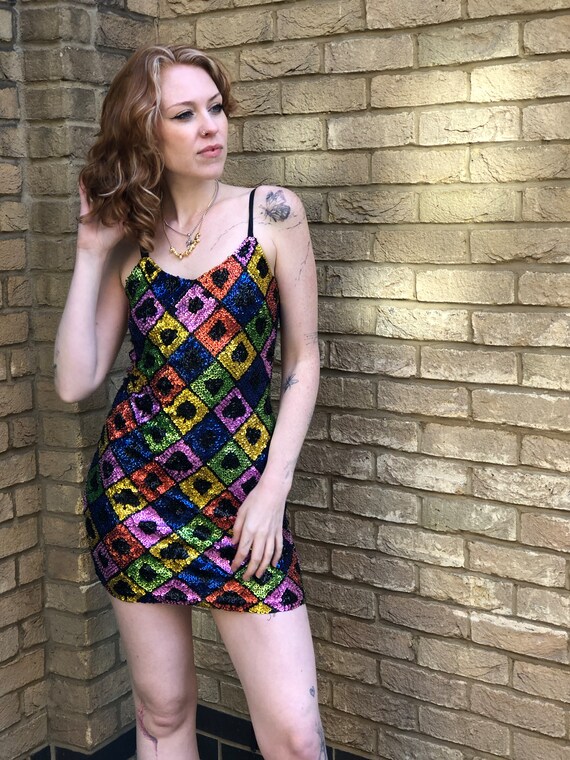 RARE 80s Vintage Rainbow Sequin Harlequin Bodycon… - image 6