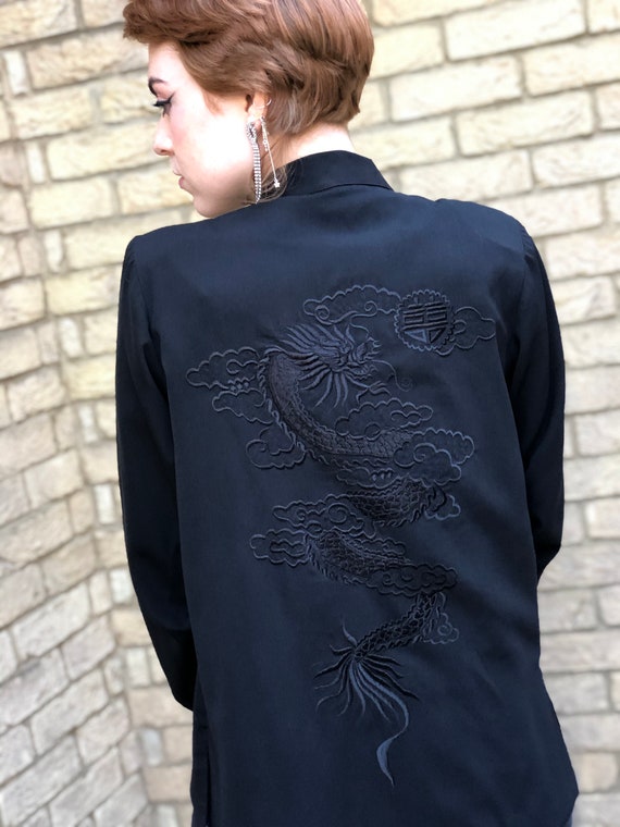 90s Black Embroidered Asian Chinese Dragon Top / J