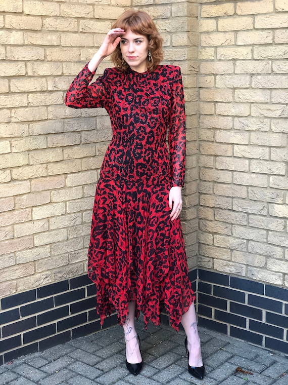 red black leopard print dress 80s Vintage Chiffon Gown – Sparkly Prom catching in the fall