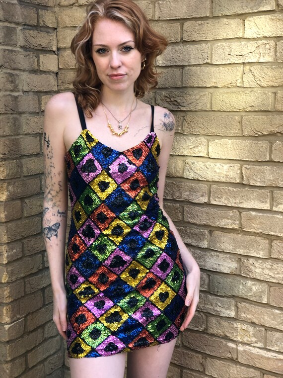 RARE 80s Vintage Rainbow Sequin Harlequin Bodycon… - image 2