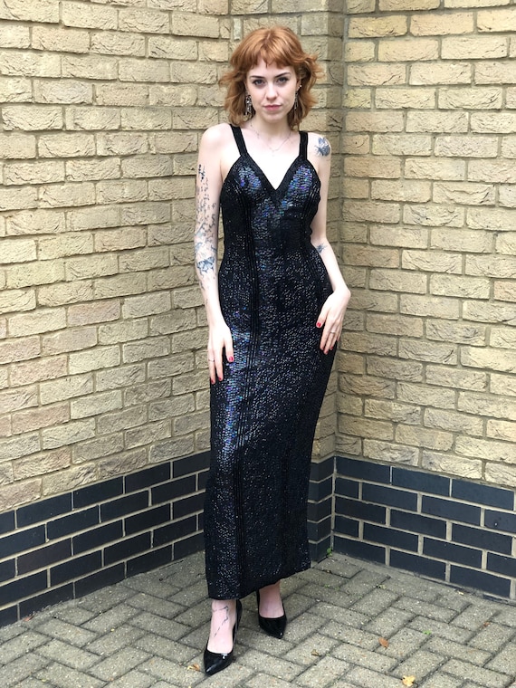80s Vintage Black Sequin Beaded Strappy Formal Prom Long Gown Sexy Retro Glam- 2 Sizes! - Etsy 80s Vintage Black Sequin Beaded Strappy Formal Prom Long Gown Sexy Retro Glam- 2 Sizes! - Etsy