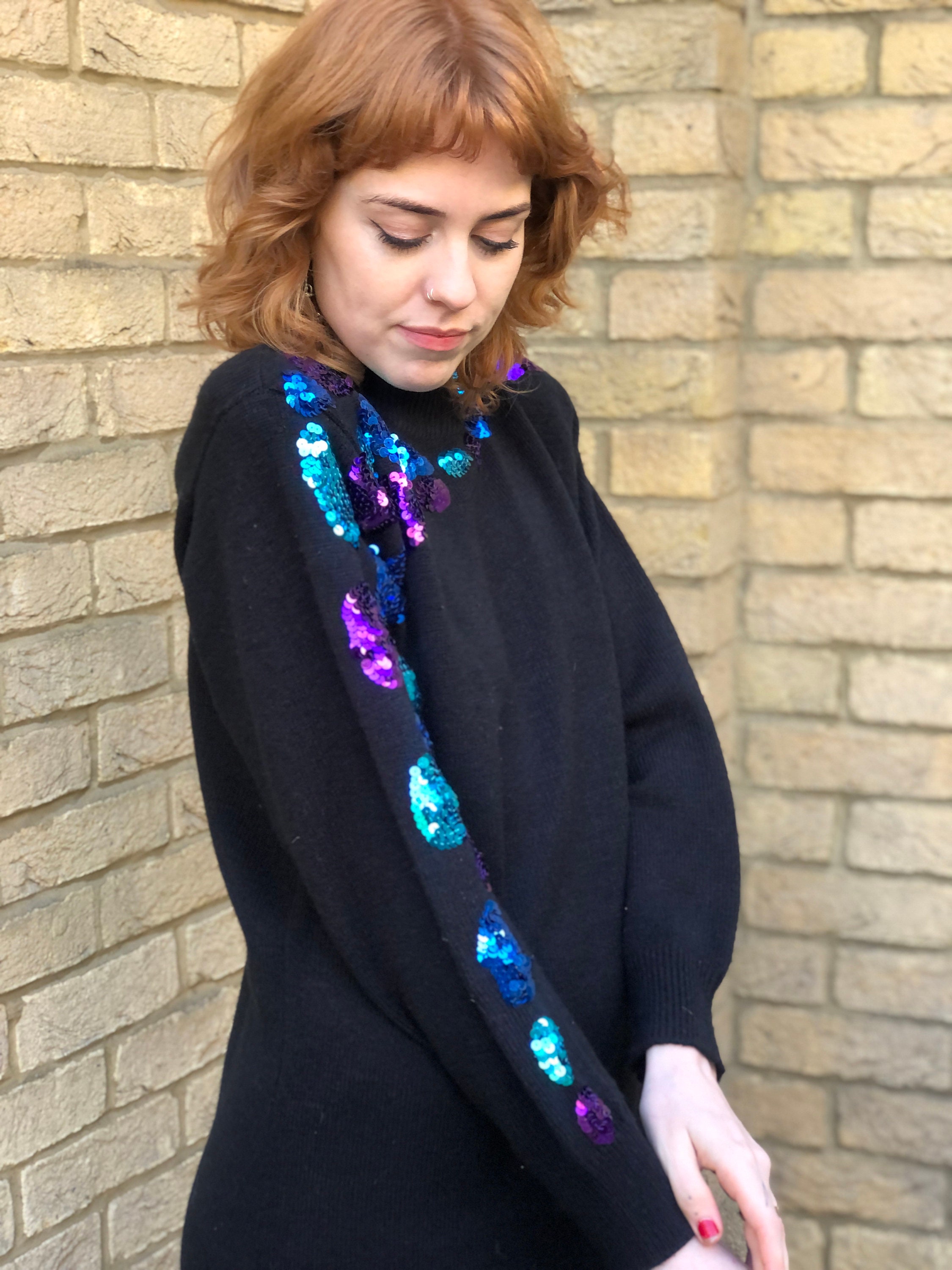 80s Sequin Knit Sweater Jumper Dress With Shoulder Pads Retro