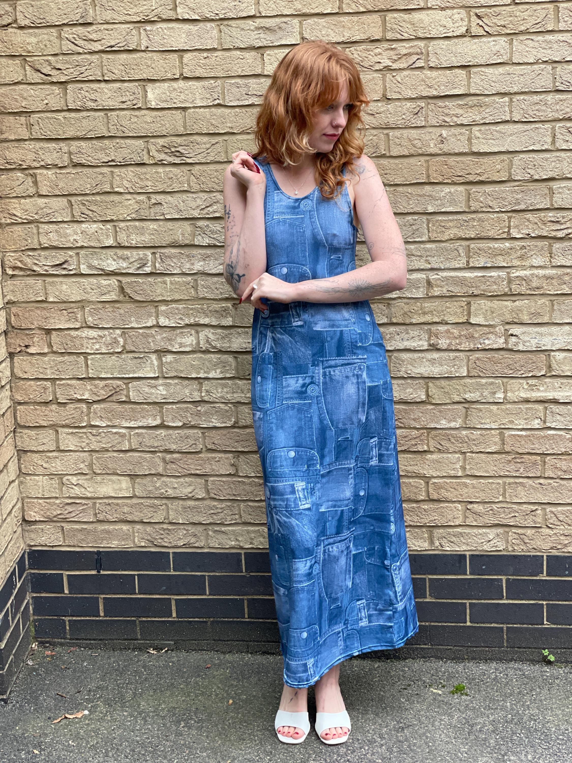 華麗 90s Vintage Slinky Sexy Denim Jeans Print Stretch Bodycon Clothing
