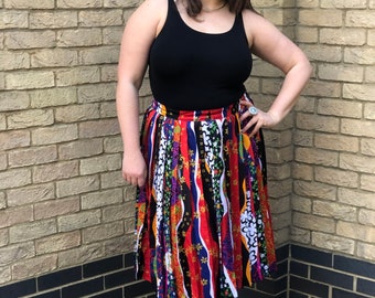 Fun 80s Colourful Rainbow Patchwork Pleated Midi Full Skirt Retro