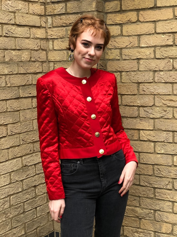 80s Red Quilted Satin Betty Barclay Cropped Jacket