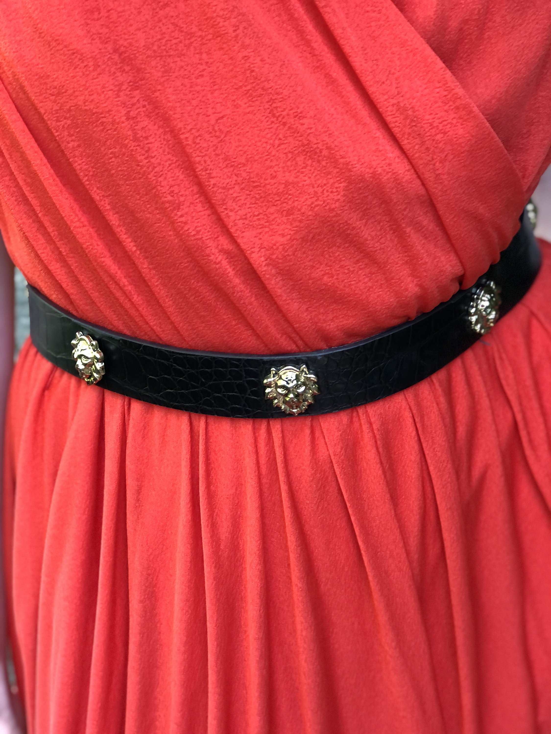 80s Black Gold Faux Croc Leather Lion Leopard Belt Retro 