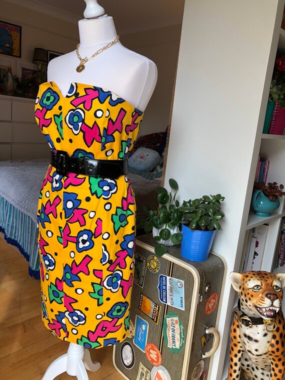 ESCADA- Yellow Floral Strapless 80s Bustier Wiggle