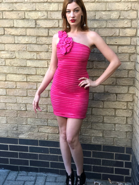 80s Bright Pink Bodycon Wiggle Cocktail Party Gla… - image 2