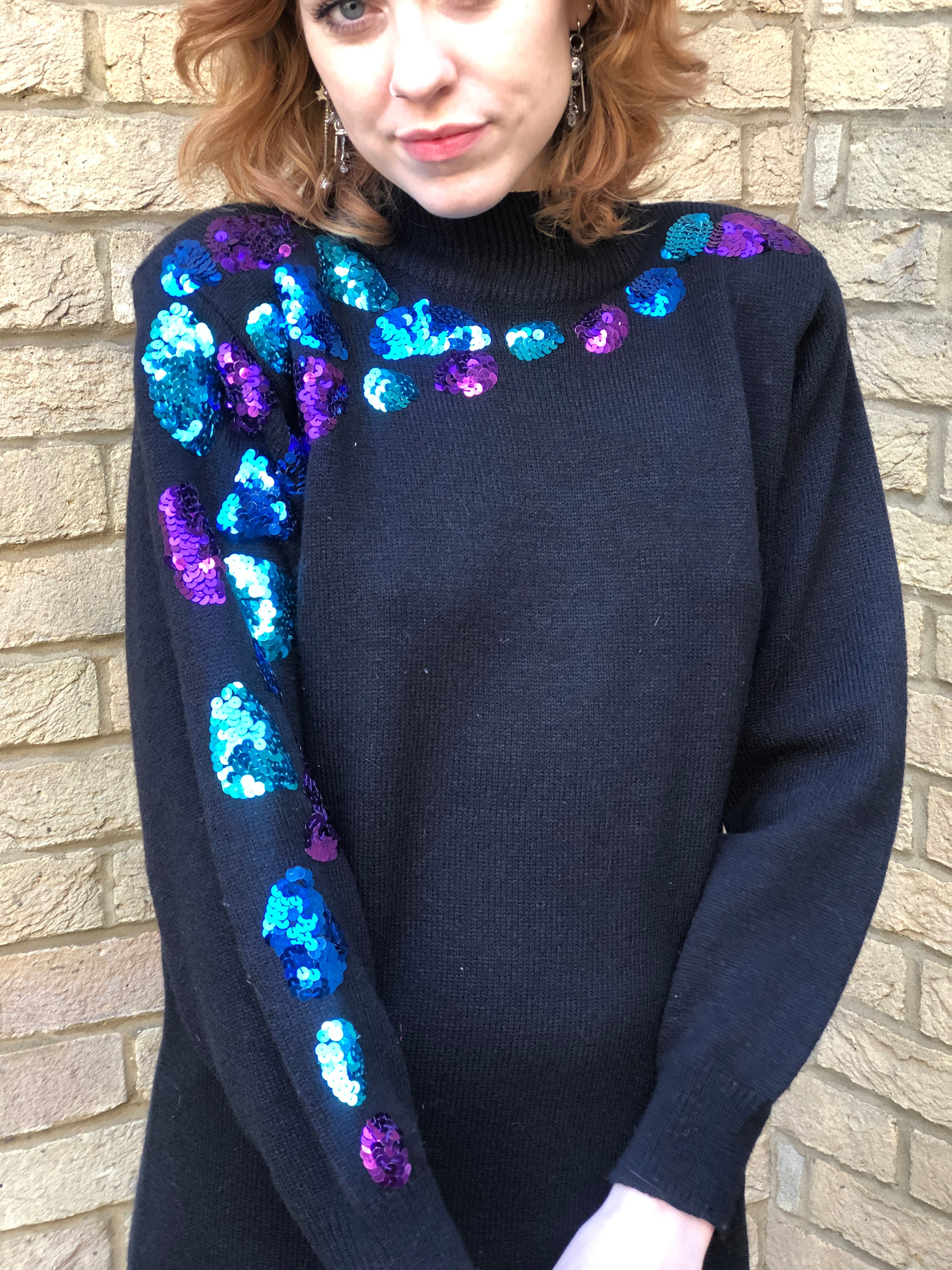 80s Sequin Knit Sweater Jumper Dress with Shoulder Pads Retro Funky Oversized