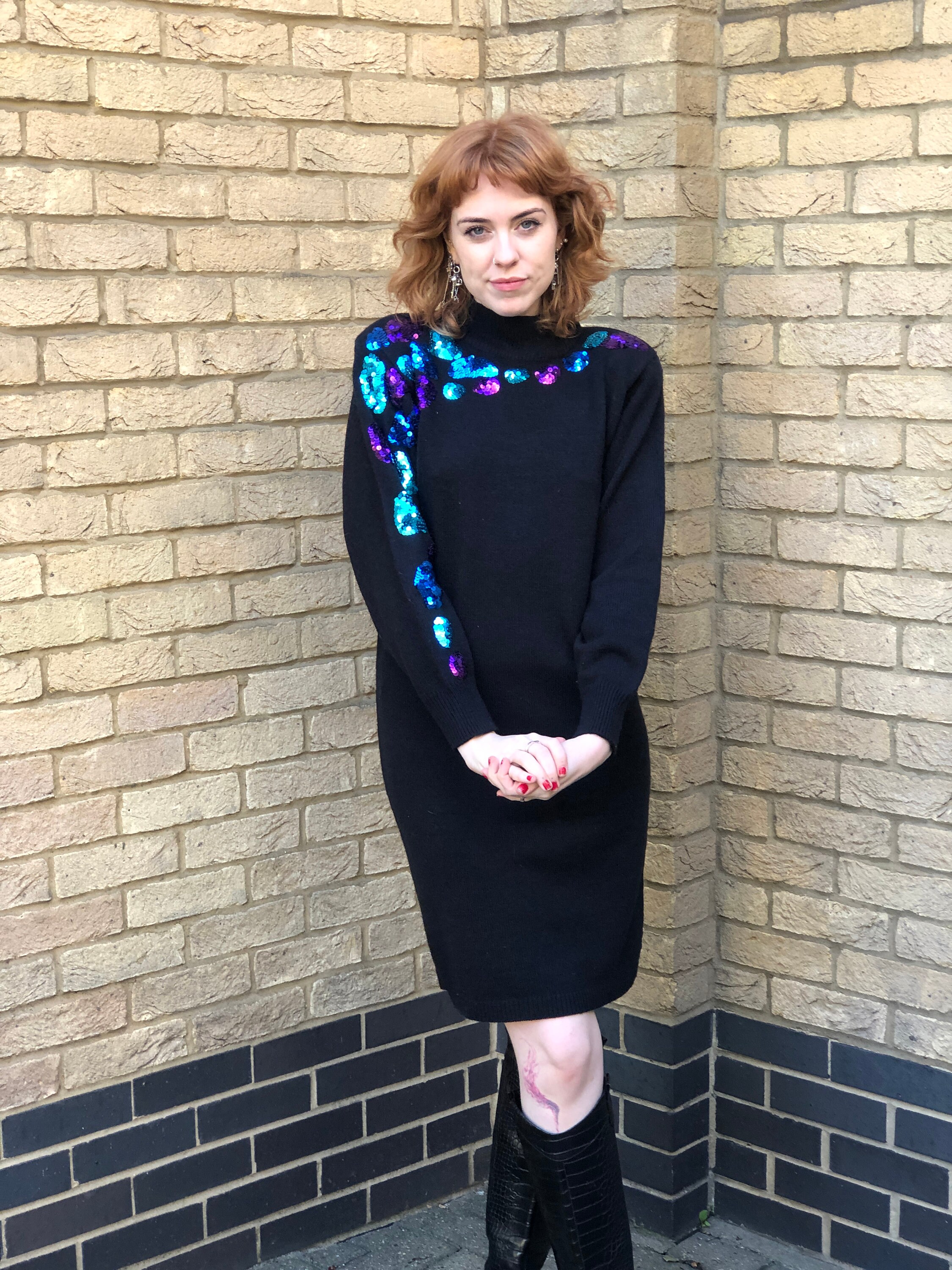 80s Sequin Knit Sweater Jumper Dress With Shoulder Pads Retro