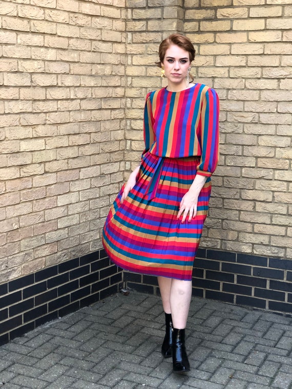 Rainbow Babe- 80s Berkertex Rainbow Stripe Pleated