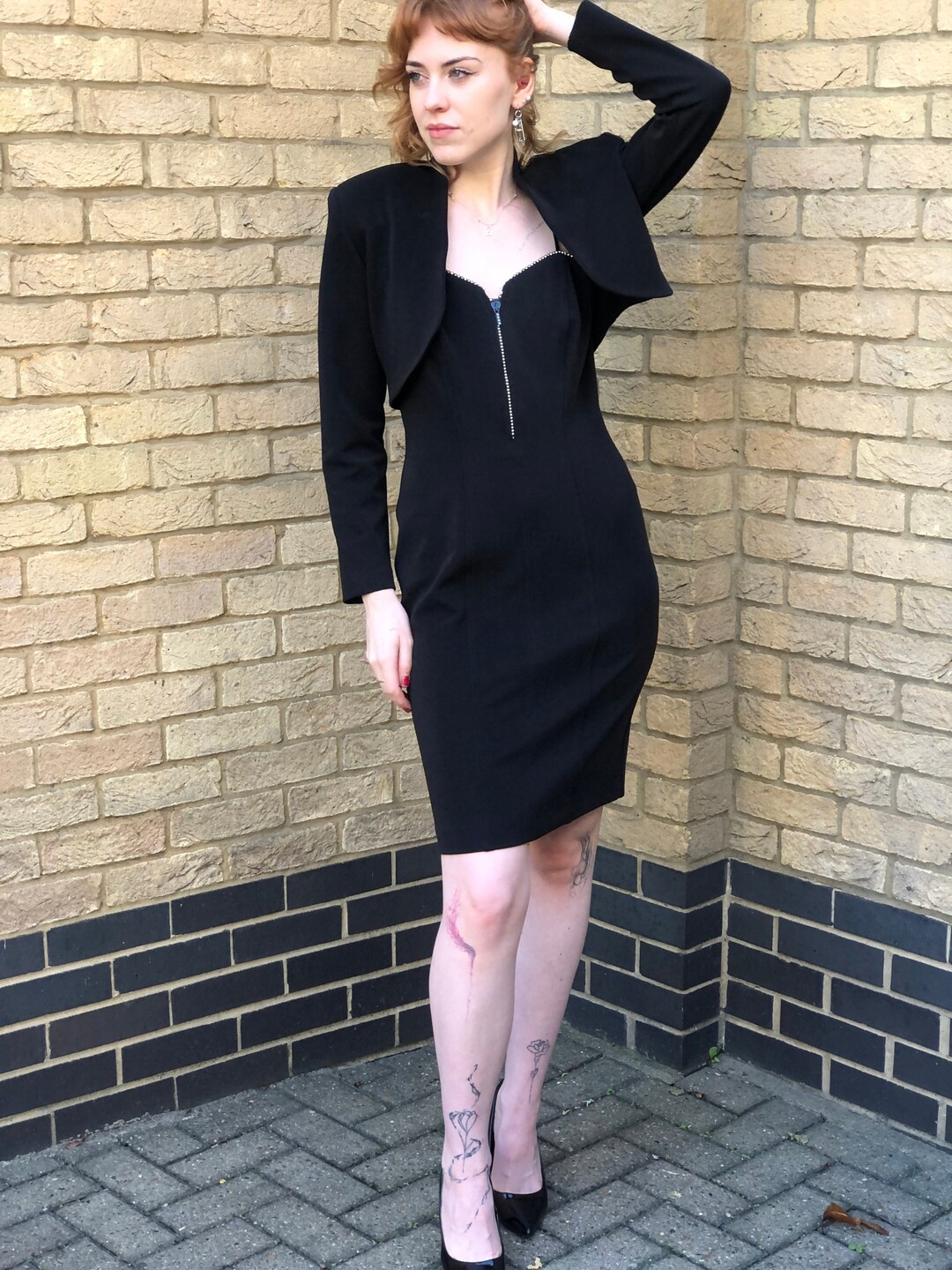 80er 90er Vintage Schwarz Bodycon Bandage Wiggle Passend Bustier