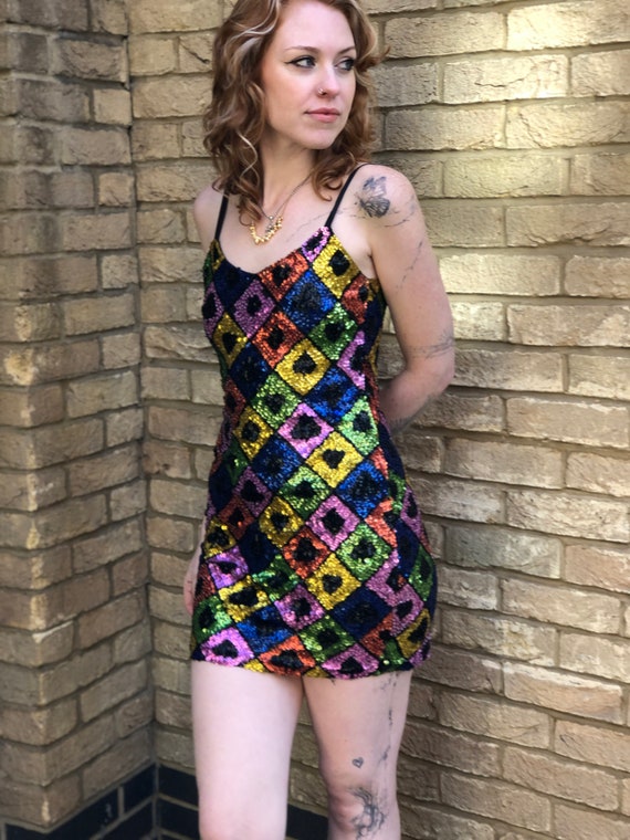 RARE 80s Vintage Rainbow Sequin Harlequin Bodycon… - image 3