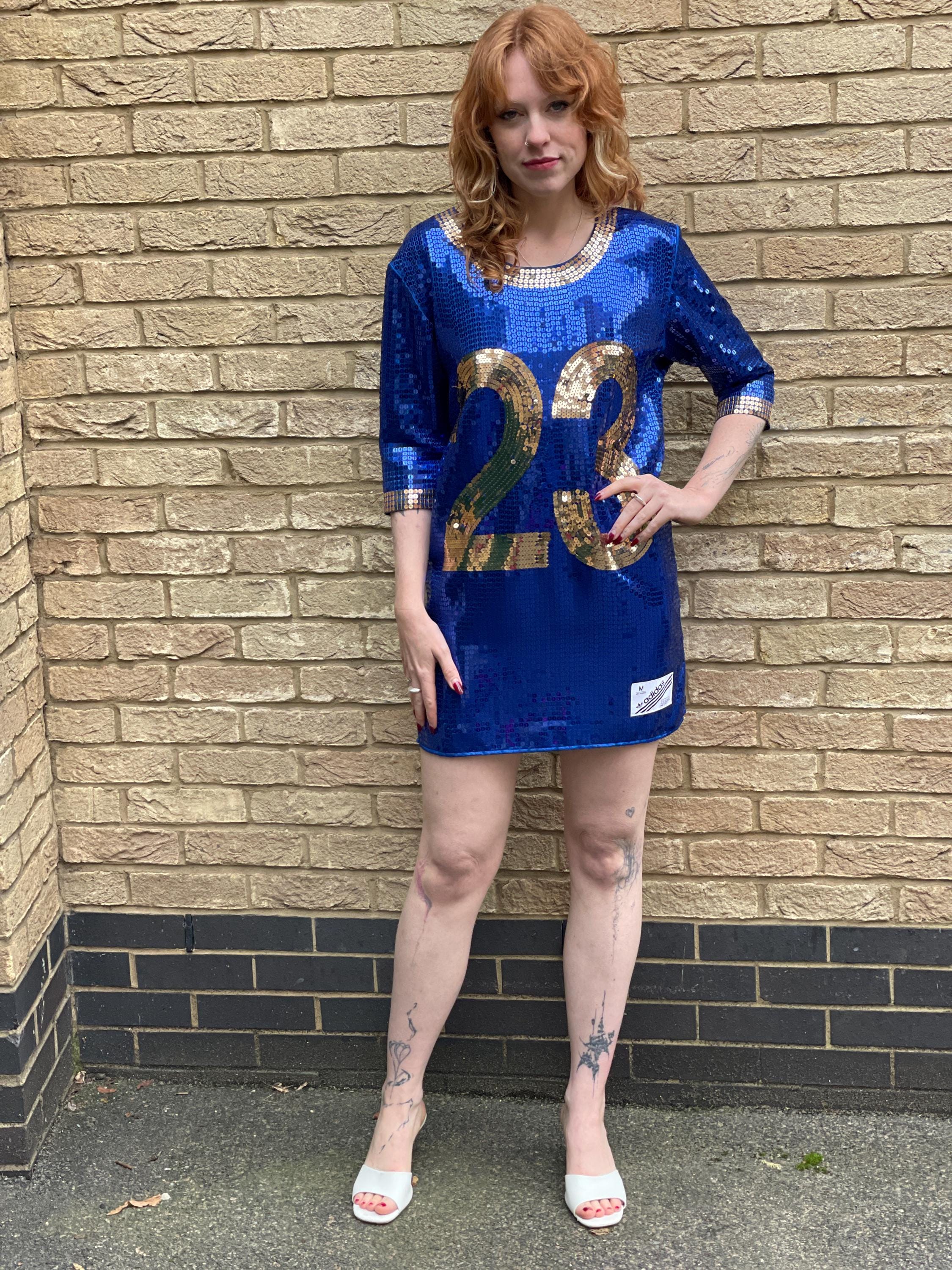 RARE Y2K Jeremy Scott Adidas Blue Sequin Sports Jersey Party Dress