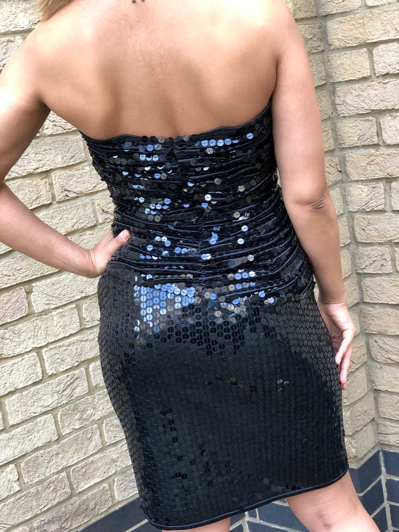 80s Black Sequin Strapless Bodycon Wiggle Oleg Cassini Retro image 4