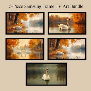 Pacote de Molduras para TV com Cisnes de Outono | 5 Molduras para TV Samsung Frame | Protetor de Tela com Vida Selvagem no Lago no Outono | Papel de Parede para TV com Cisne Branco | Download Digital