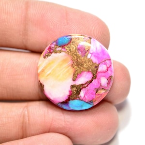 Natürlicher Arizona Mohave Türkis mit Spiny Oyster und rosa Aragonit Cabochon... Runder Cabochon... 23x5mm.. 25Cts.. #H6473