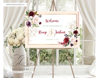 Burgundy and Gold Floral Anand Karaj Wedding Welcome Sign, Gurudwara Sikh Ceremony Wedding Sign, Jaggo, Sangeet, Mehndi, Maiyan, Reception