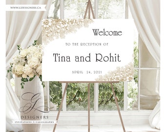 Reception Welcome Sign, Wedding Reception Signs, Anand Karaj signs, Seating chart, Black & White, Minimalist, Hand-drawn florals, Sangeet