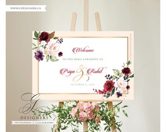 Roka Ceremony Welcome Sign, Blush Florals,  Anand Karaj Wedding Welcome Sign, Jaggo, Sangeet, Mehndi, Maiyan, Reception, Indian Wedding Sign