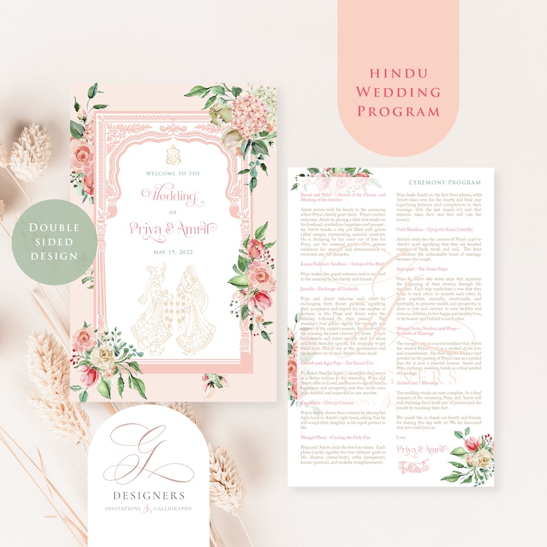 Blush Hindu Wedding Program, Hindu Wedding Ceremony Program, Indian Wedding Ceremony Program, Anand Karaj, Sikh, Hindu Wedding Invitations image 1