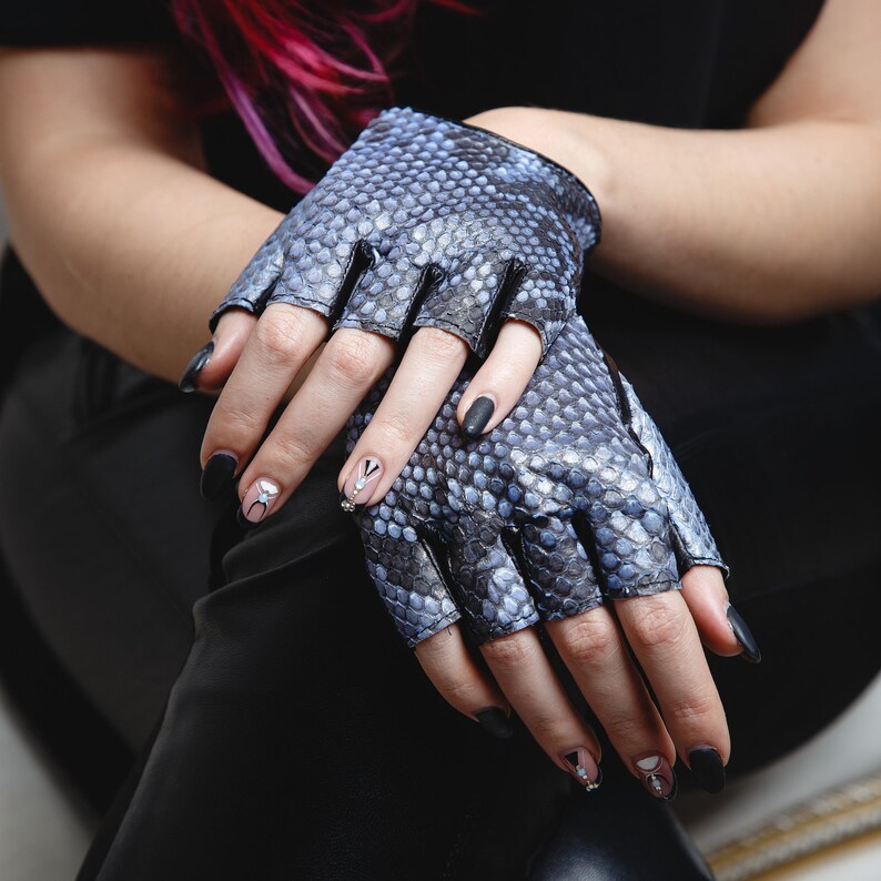 Fingerless Leather Driving Women Gloves Blue Python / Salmon Etsy