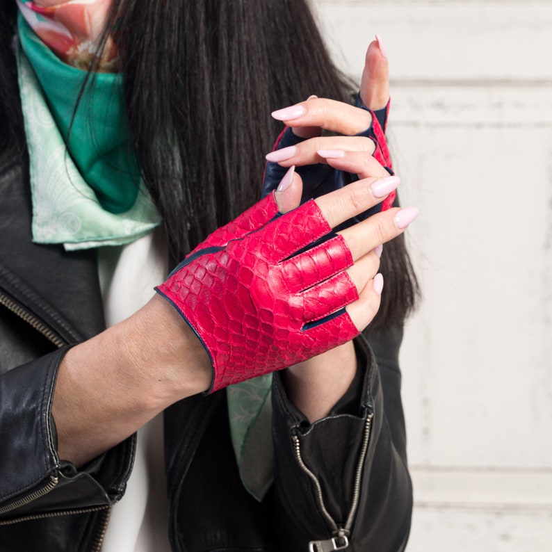 Fingerless Leather Driving Women Gloves Blue Python / Salmon Etsy