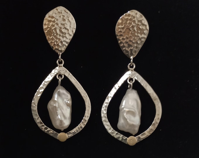Hanging earrings, silver, gold, pearl, handmade, drop earrings, gift idea for women, bridal jewelry, wedding, large earrings, unique.