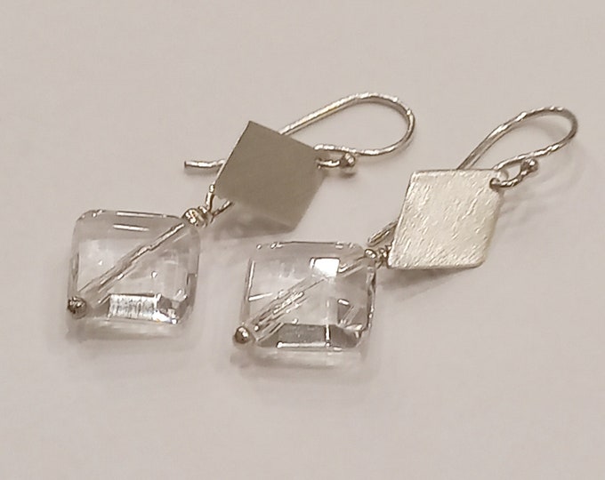 Stud earrings sterling silver, hand forged, rock crystal, minimalist earrings