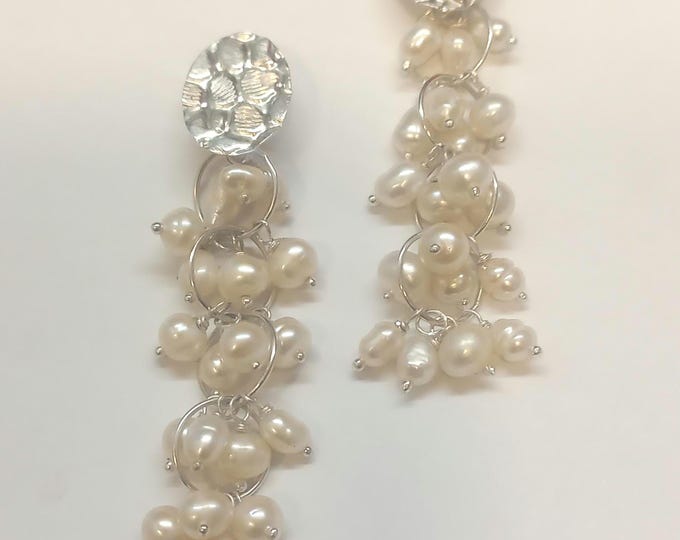 Pearl earrings, sterling silver long earrings with freshwater pearls – hand-forged unique piece