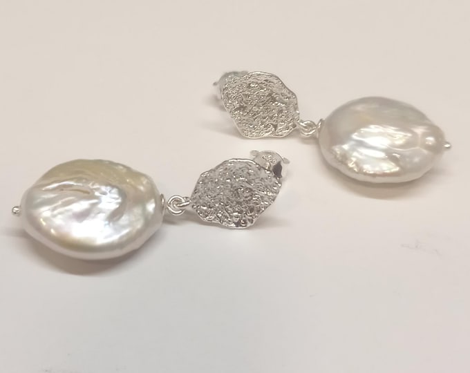 Pearl earrings, hand-forged sterling silver earrings with coin pearls - elegant statement earrings