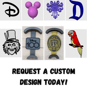 May include: A collage of images featuring various Disney-themed designs. The top row includes a black Disney logo, a purple Mickey Mouse balloon, a purple Haunted Mansion logo, and a blue Disney D logo. The bottom row includes a black and white image of the Ghost Host from the Haunted Mansion, a grey sign with the text "Disney 100", a gold sign with the number 33 and a floral design, and a red and yellow parrot.