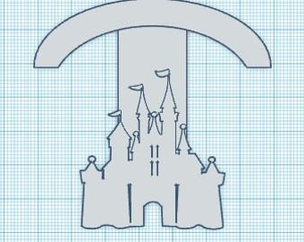 May include: A gray silhouette of a castle with a tall, pointed roof and multiple towers. The castle is topped with a gray arch.