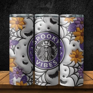 3D Inflated Spooky Vibes Starbucks Inspired Tumbler | 20 oz Skinny | Spooky Season | Floral | Puff | Skeleton