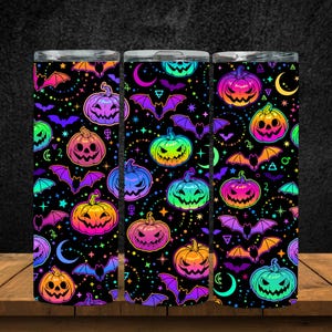 Halloween Kürbisse und Fledermäuse Becher | 20 Unzen Skinny | Gruselzeit | Neon | Kürbisse | Fledermäuse