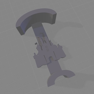 May include: A gray 3D printed model of a castle with a tall tower and a pointed roof. The castle is surrounded by a gray wall and has a gray gate. The model is designed to be used as a key holder.