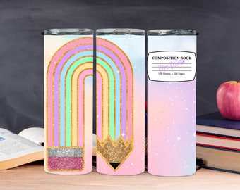 Boho Pastel Rainbow Teacher Composition Book Tumbler | 20 oz Skinny | Softball Season | Leopard |